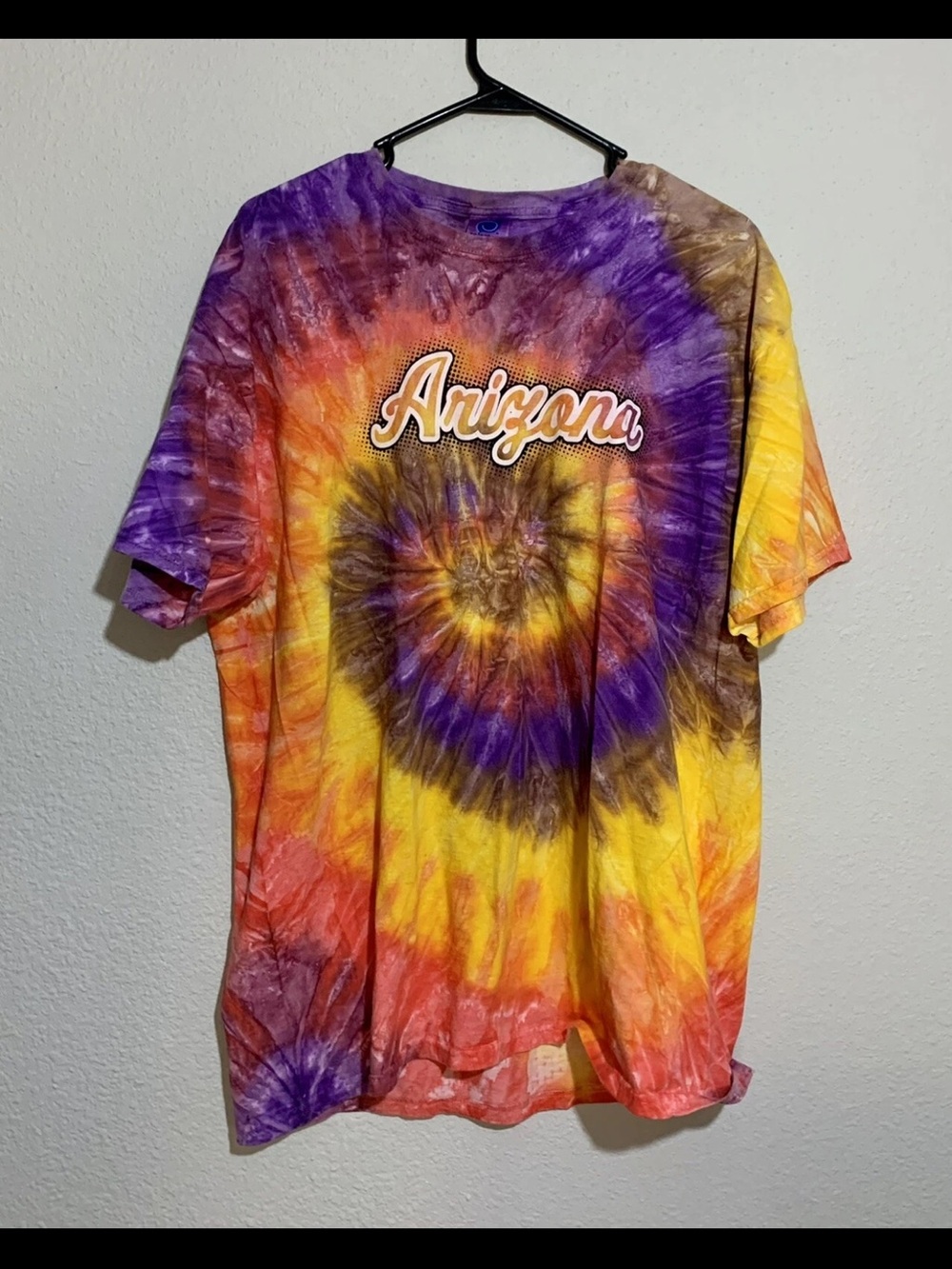 Arizona Tie-Dye Spiral Short Sleeve Tee — Purple, Yellow & Orange Size Large